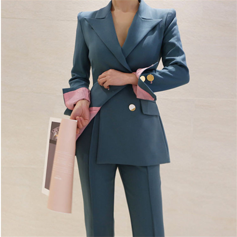 Autumn OL Waist-Controlled Elegant All Match Office Lady Blazer +Casual Loose Straight Trouser Suits Women 2 Piece Sets 210421