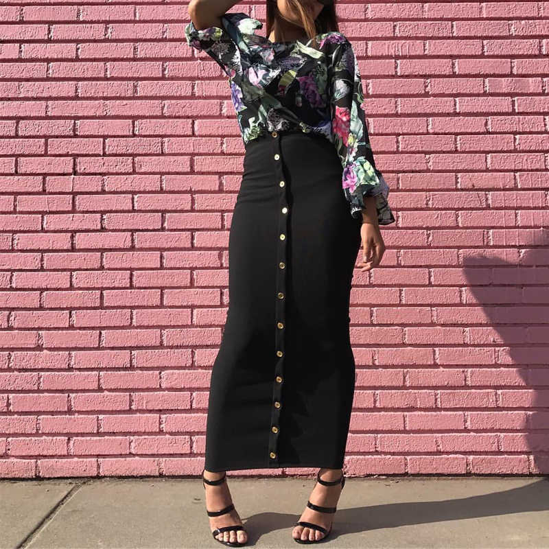 Colysmo Winter long Skirts Womens High Waist Bodycon Sexy Casual Retro Button Front Slit Midi Pencil Falda 210527