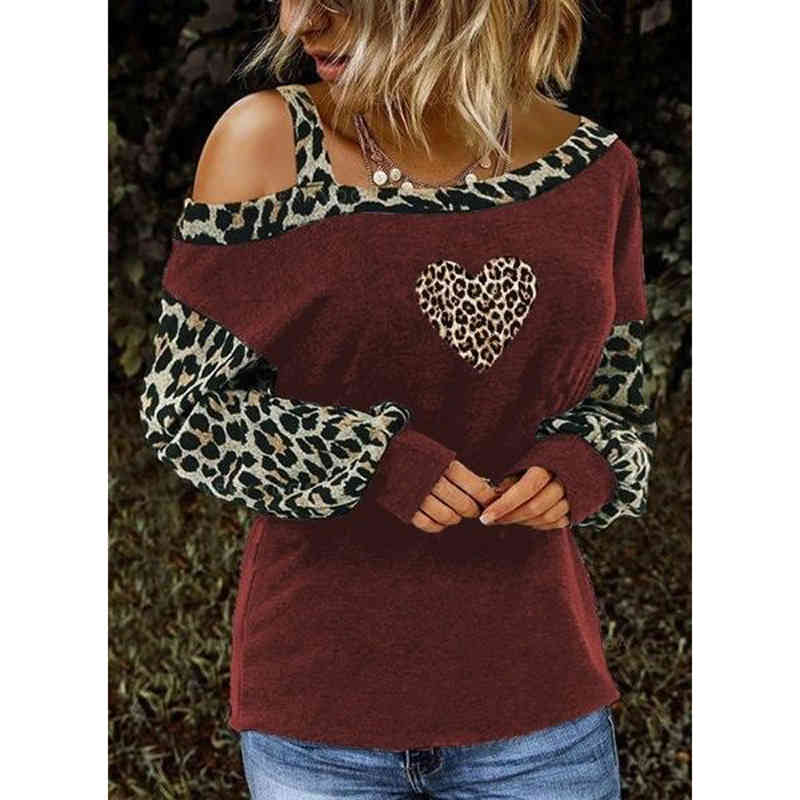 Women's Clothing T-shirts Leopard Valentine's Day Slanted Shoulder Leopard Print Love Long Sleeve T-shirts Top Pullover 210515