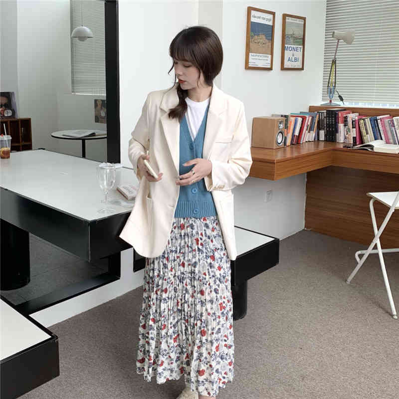 Flowers Gentle Vintage All Match OL Pleated Elegance Retro Printed High Street Women Florals Waist Long Skirts 210421