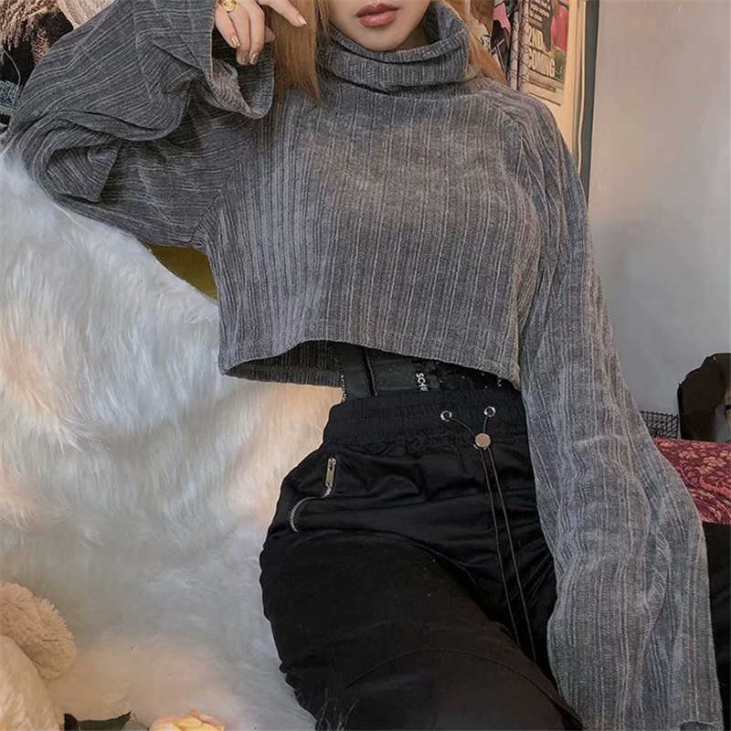 Elegant Women Gray Sweaters Fashion Ladies Turtleneck Knitted Tops Streetwear Female Chic Loose Short Pullovers 210527