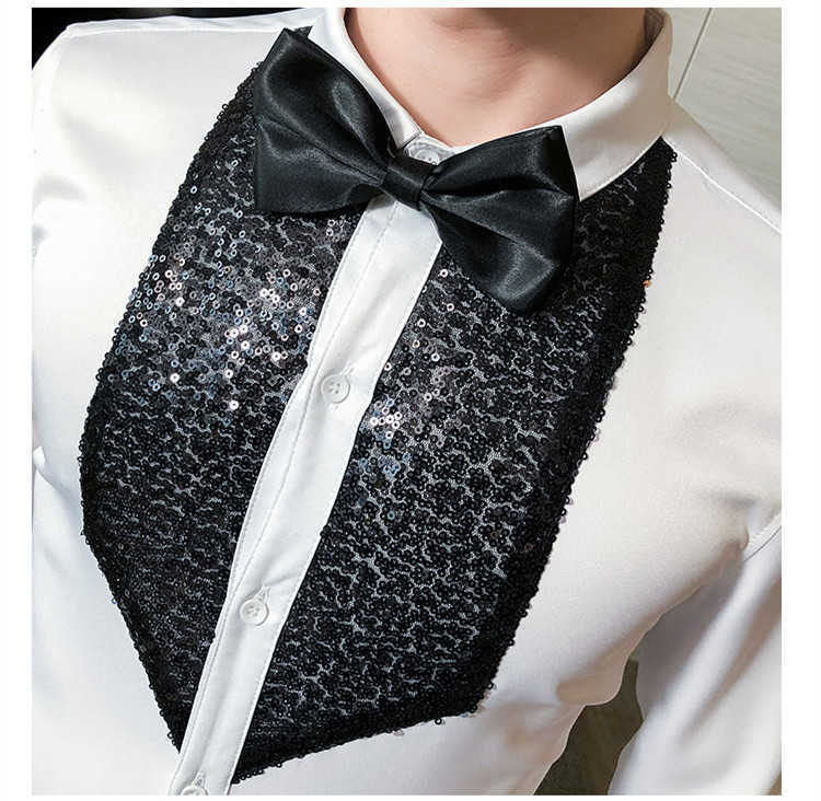 White Black Tuxedo Shirt Men Sequins Patch Solid Long Sleeve Dress Slim Fit Shirts Stage Wedding Prom Gentleman Blouse Male 210626