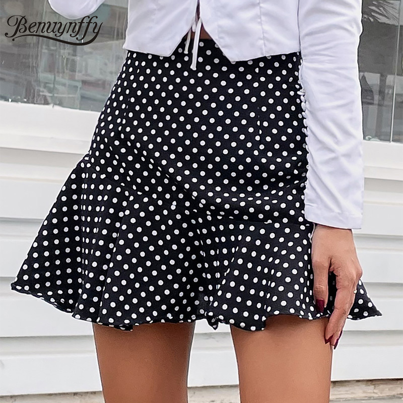 High Waist Polka Dot Ruffle Hem Skirts Women Fashion Street Zip Back Summer Casual Mini Skirt Female Bottoms 210510