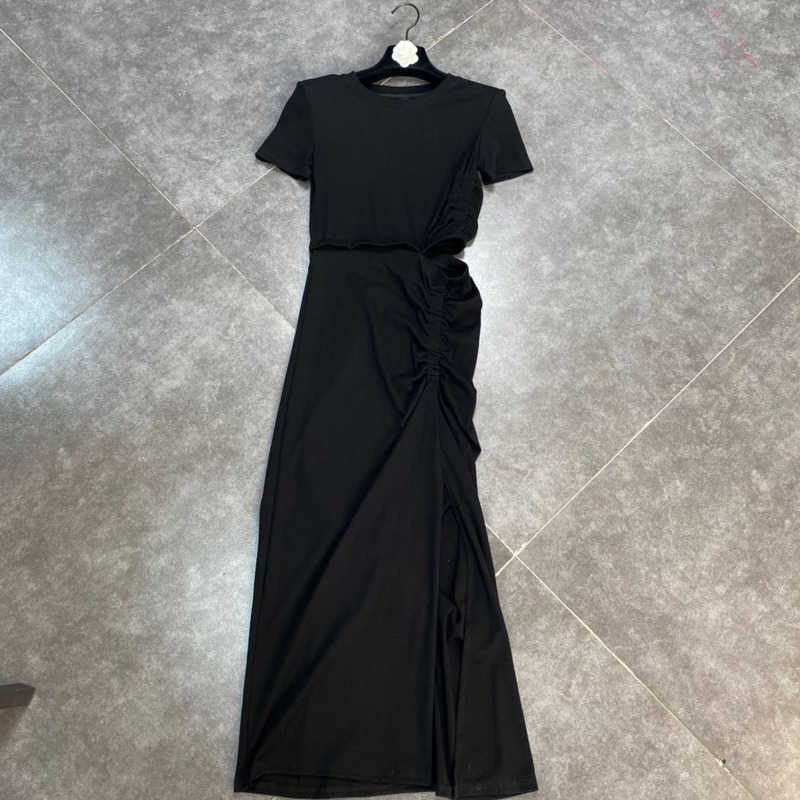 DEAT Women Holloe Out Pleated Midi-long Dress Round Neck Short Sleeve Arrivals Lady Sexy Fashion Spring Summer 11D694 210709