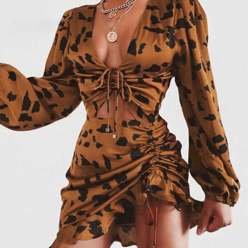 DEAT Spring Summer Women's Dress Ruffle Leopard Long Sleeve A-line Dress Sexy V-neck Dress HR315 210709