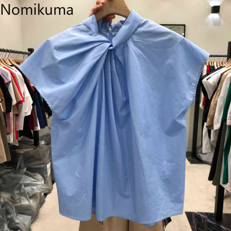 Nomikuma Korean Folds O-neck Women Blouse Tops Causal Sleeveless Solid Blusas Mujer De Moda Summer New Shirt 6G599 210427
