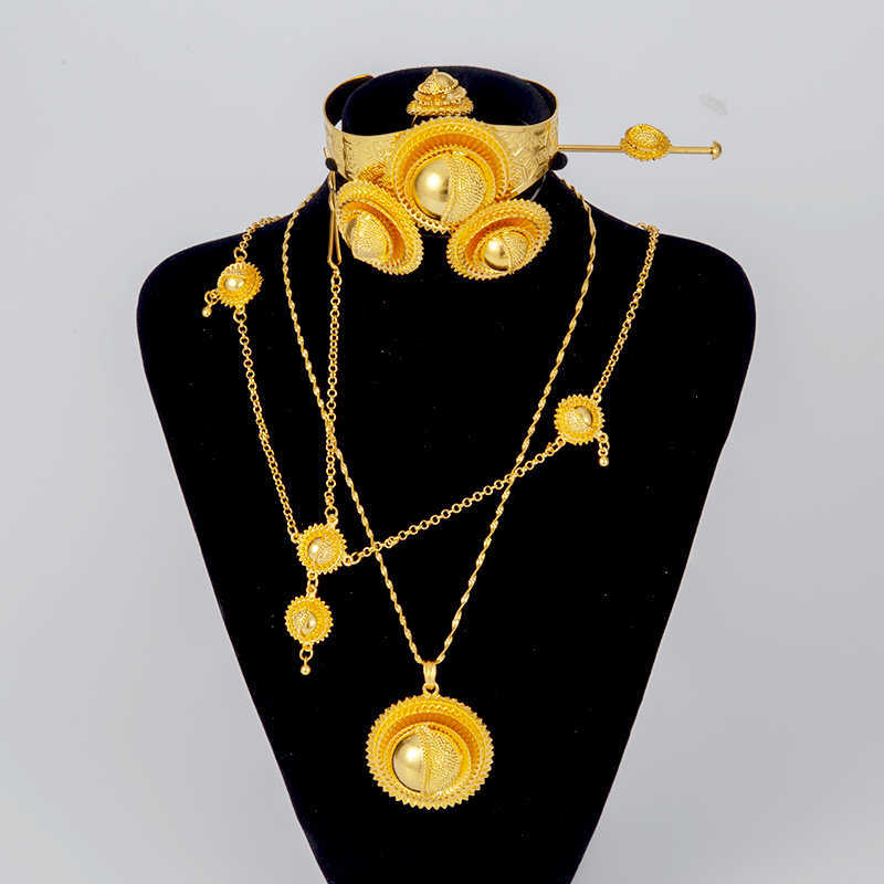 Ethiopian jewelry sets for Women Gold Dubai Habesha Jewelry with Hairpin Head chain African bridal wedding Gift collares 210720