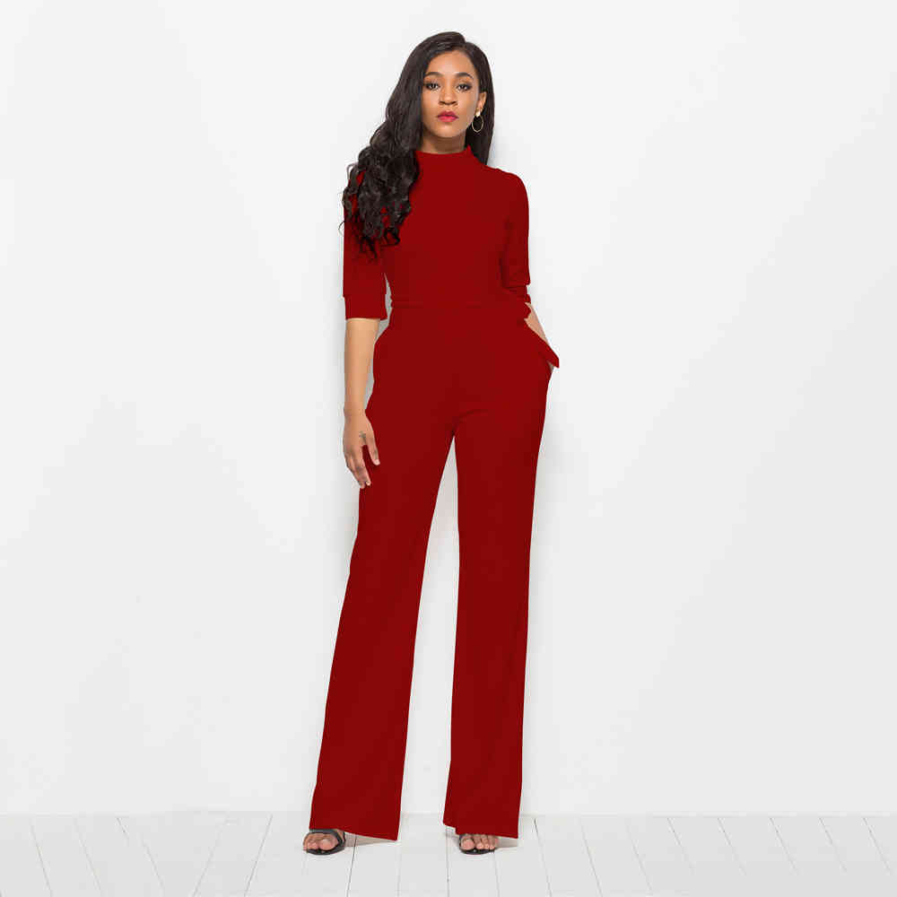 Stand Collar Half Sleeve Autumn Jumpsuit Wide Leg Casual Slim Women's Overalls Elegant Bandage Office Lady Pockets Plus Size 3XL 210522