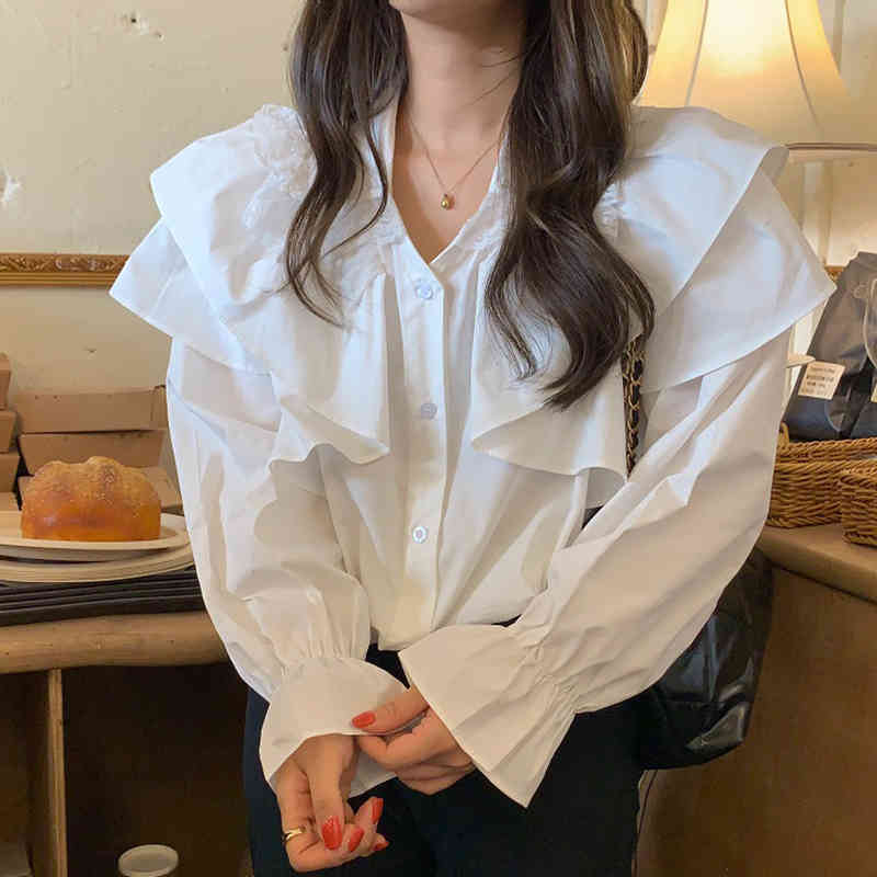 Nomikuma Blouse Women Flare Long Sleeve Lace Patchwork Turn-down Collar Shirt Spring Ruffle Patchwork Causal Blusas 6E092 210427