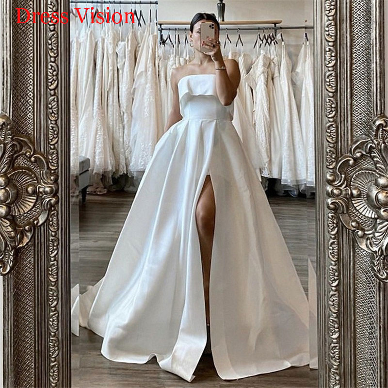 Sexy Strapless Satin Wedding Dresses Robe De Soire De Mariage Vestido De Noiva suknia lubna Side Slit, White
Sexy Strapless Satin Wedding Dresses Robe De Soire De Mariage Vestido De Noiva suknia lubna Side Slit, White