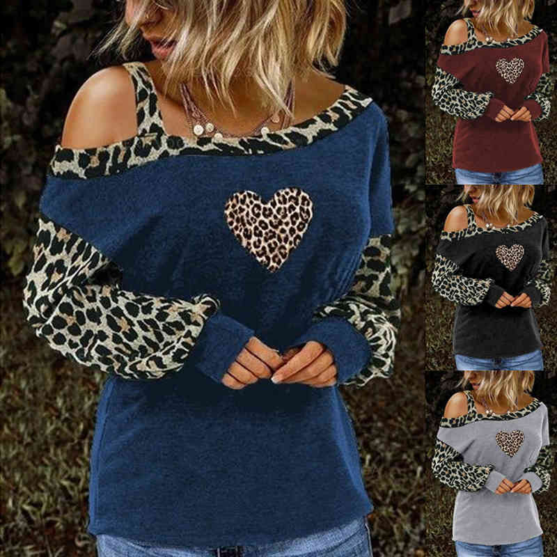 Women's Clothing T-shirts Leopard Valentine's Day Slanted Shoulder Leopard Print Love Long Sleeve T-shirts Top Pullover 210515