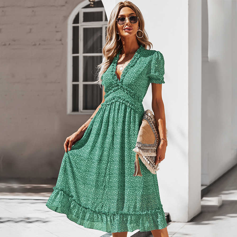 Women Chiffon Long Dress Floral Printed Short Sleeve A-line Maxi Vestidos Summer Elegant Vintage V Neck Ruffle Beach Dresses 210526