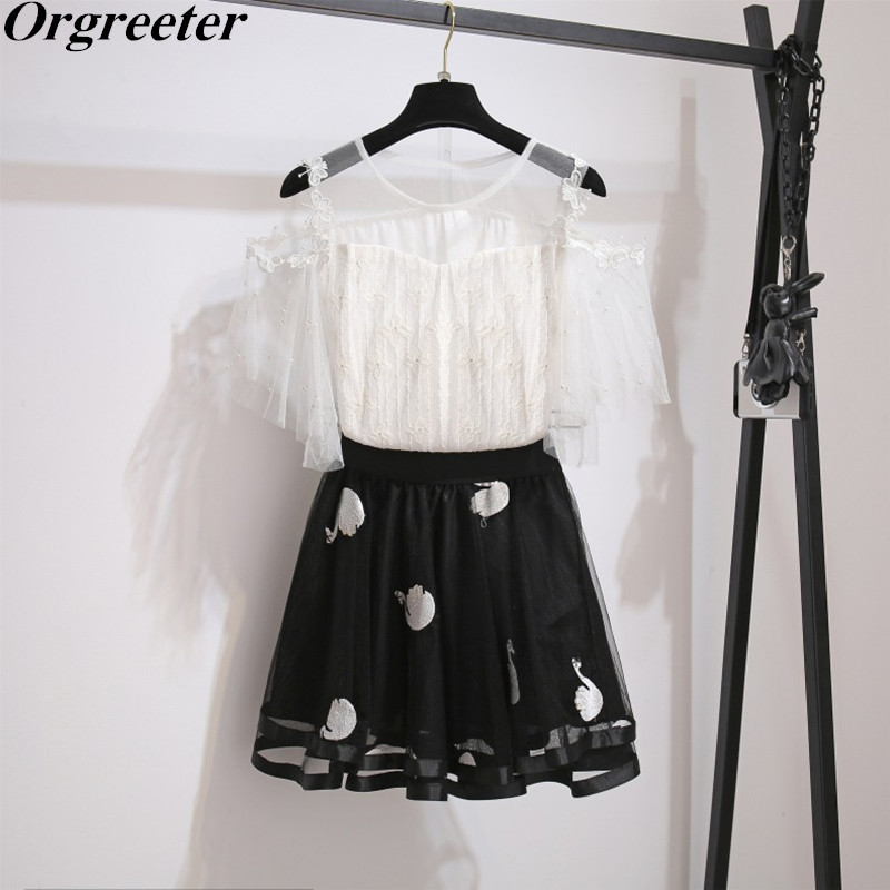 Sweet Girl Lace Shirt Mesh Skirt Suits Summer Patchwork Blouse +Swan Embroidery Tulle Mini 2 Pcs Set 210525, Black
Sweet Girl Lace Shirt Mesh Skirt Suits Summer Patchwork Blouse +Swan Embroidery Tulle Mini 2 Pcs Set 210525, Black