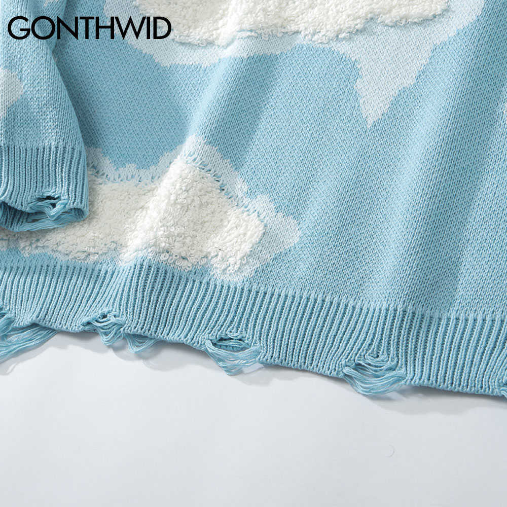 GONTHWID Knitwear Sweater Women Harajuku Hip Hop Streetwear Knitted Cloud Ripped Holes Casual Kawaii Loose Pullover Jumpers Tops 211008
