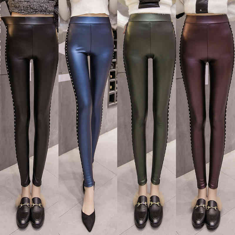 Winter Fleece Women Pants PU Leather Leggings Fashion Rivets Slim Pencil Black S-XXL Skinny Ladies Z0002 40 210508