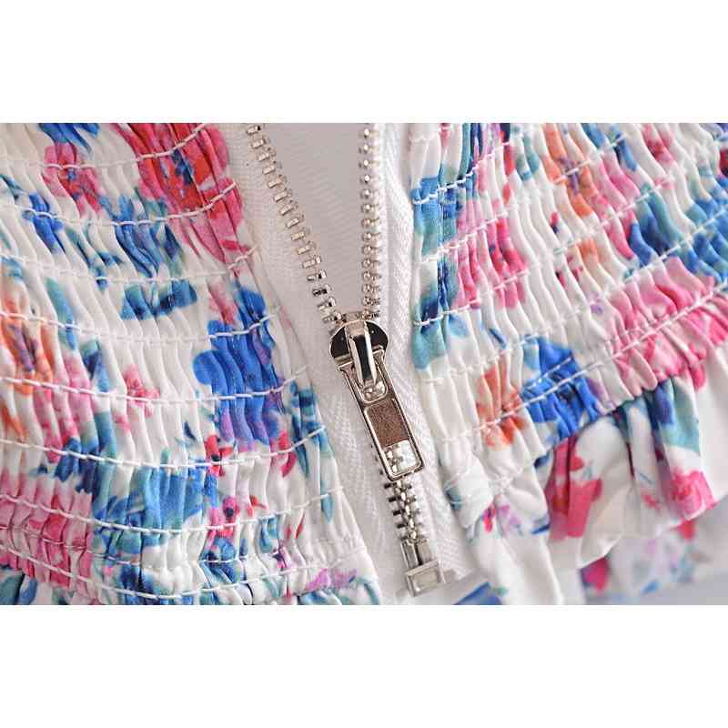 Holiday Lacing up Floral Print Short sleeve Lace Crop Top Sexy Women Package hips Ruched Mini Skirt Set Summer 210429