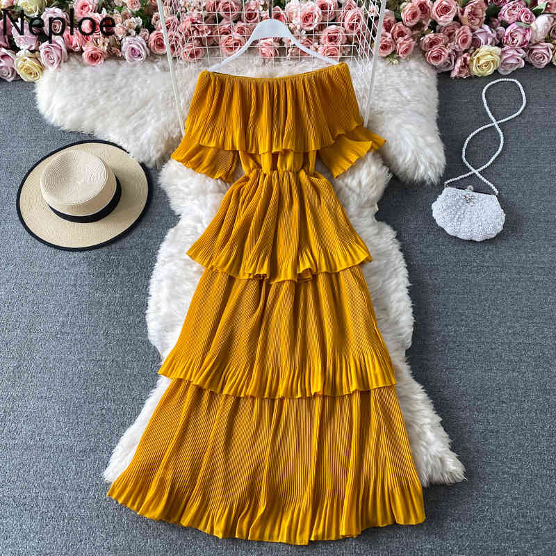 Neploe Women's Dress Slash Neck Pleated Long Vestidos Summer Sweet Ruffles Solid High Street Sexy Off Shoulder Thin Cake Dresses 210422