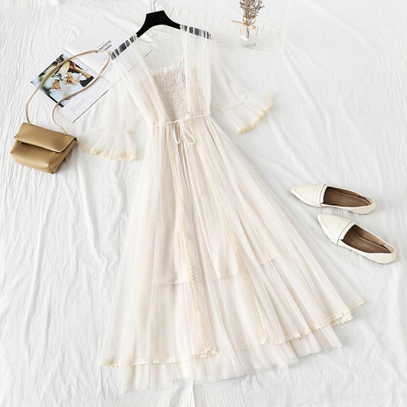 Women Suits Sweet Mesh Dress Flare Sleeve Sunscreen Cardigan + Pearl Sling Long Dress Female Princess Dress 2 Piece Set 210521