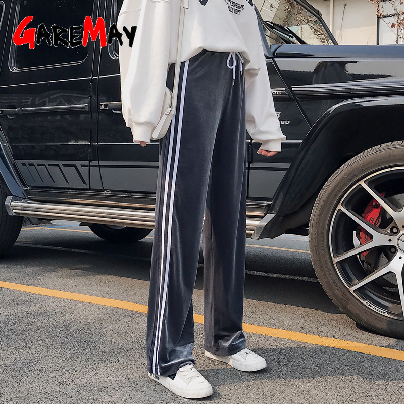 Gold Velvet Wide Leg Pants Women's High Waist Straight Floor Length Pant Loose Casual Sports Trousers Large Women Wear 210428