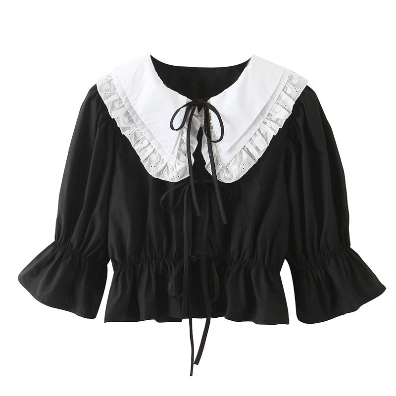 Retro Spliced Wood ear Peter Pan Collar Puff Short Sleeve Shirt CHIC Women Lacing up Blouse Exposed navel Tops 210429