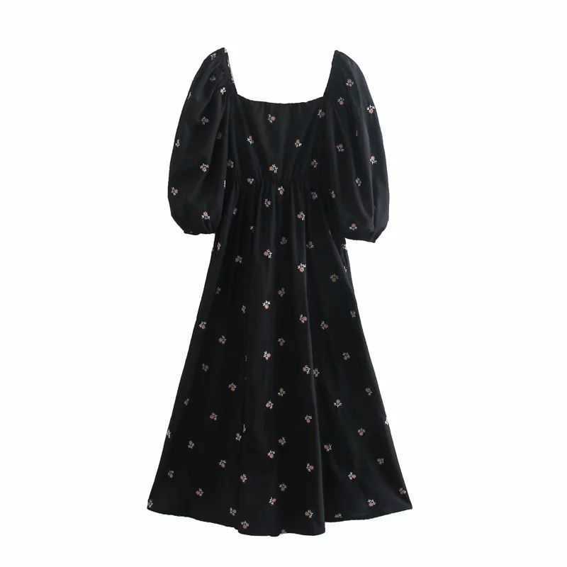 Women Dress Floral Embroidery Square Neckline Midi dress Puff Sleeves elegant Vintage Casual Woman Dresses 210709