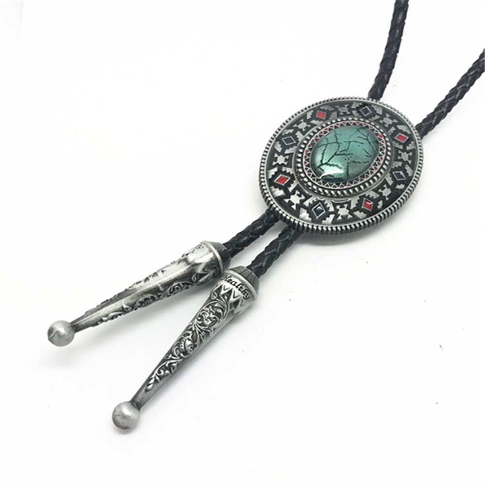 Handmade Southwest Totem Aquamarine Western Cowboy Bolo Tie for Shirt Necktie Metal Necklace Jewelry