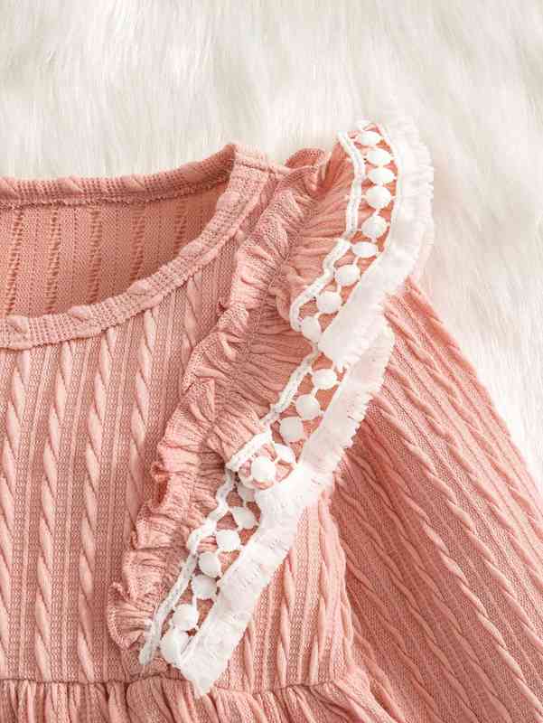 Baby Cable Textured Guipure Lace Ruffle Trim Dress With Headband SHE