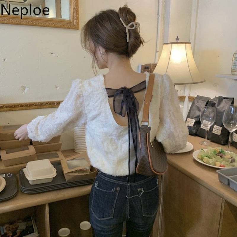 Neploe Blusas Mujer De Moda O-neck Backless Lace Up Blouse Women Korean Fashion Shirts Temperament Elegant Tops 94806 210422
