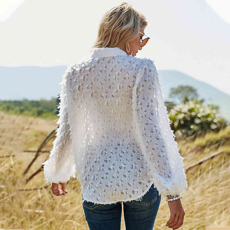 Spring White Blouse Women Sexy Hollow Out Shirt Fashion Lapel Lantern Long Sleeve Single Breasted Fluffy Fuzzy Loose Shirts 210522