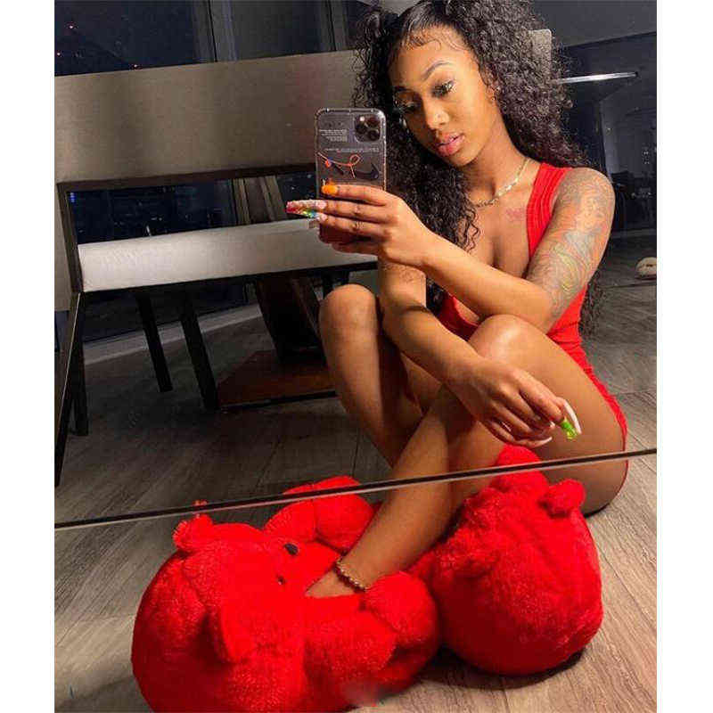 Teddy Bear Slippers Cute Ladies Winter Warm Home Slides Plush Teddy Bear Cartoon Slippers Plush Toys Woman Furry Flip Flop Shoes H1115