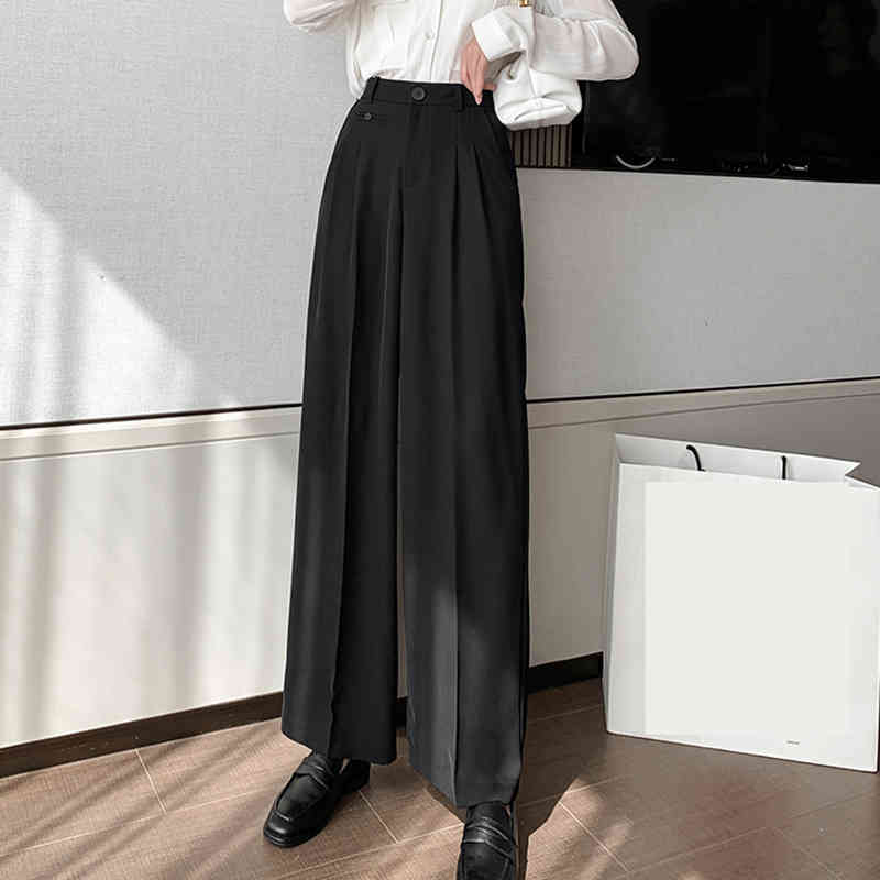 Spring Autumn Button Casual Suit Ladies Loose Straight High Waist Wide Leg Trousers Solid Soft Pants B11322P 210416