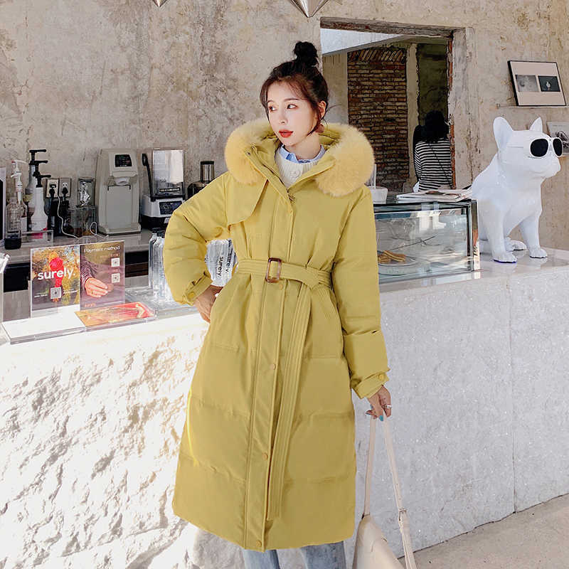 Yedinas Winter Long Coat Women Hooded Parka Ladies Thick Warm Jacket With Belt Elegant Big Fur Collar Coats Female 210527