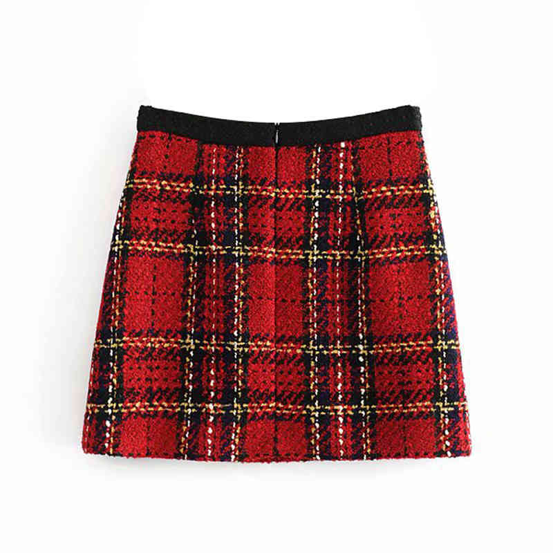 Women Elegant Tweed Plaid Skirt Pockets A Line Fashion Mini Skirts Ladies Summer Zipper Vintage Bottoms Faldas Mujer Moda 210515