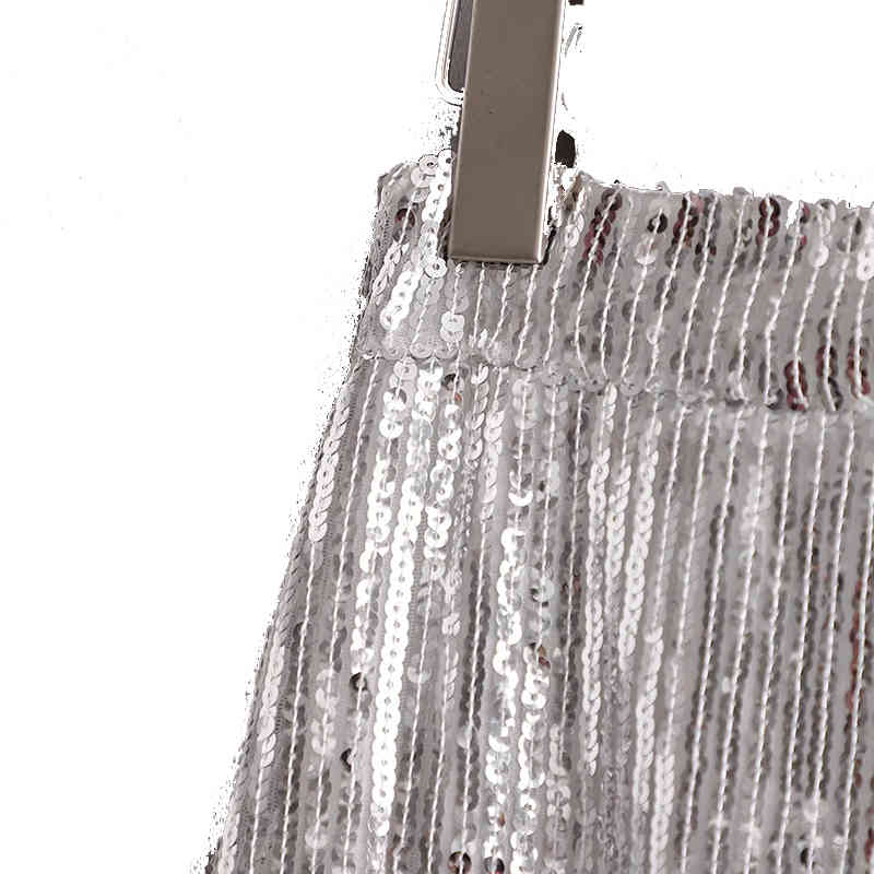 Women's Fashion Over-The-knee Sequined Temperament Fringe Skirt High Waist Mid-Length Slim Wrap Hips Silver Metal Bling 210521