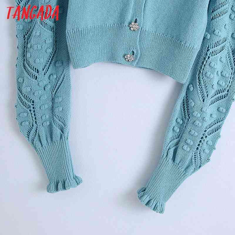 Women Cardigans V Neck Puff Sleeve Hollow Out Crochet Short Knitted Sweater Female Chic Diamond Button Tops BE229 210416