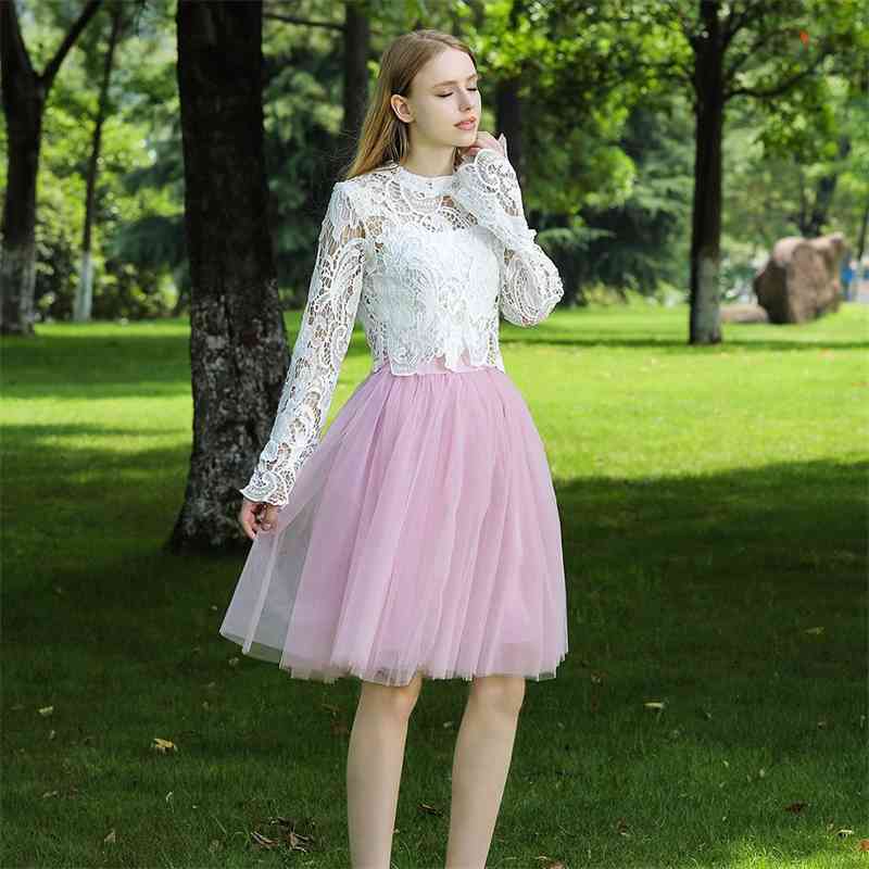5 Layers 60cm Princess Midi Tulle Skirt Pleated Dance Tutu Womens Lolita Petticoat Jupe Saia faldas Party Puffy Skirts 210408