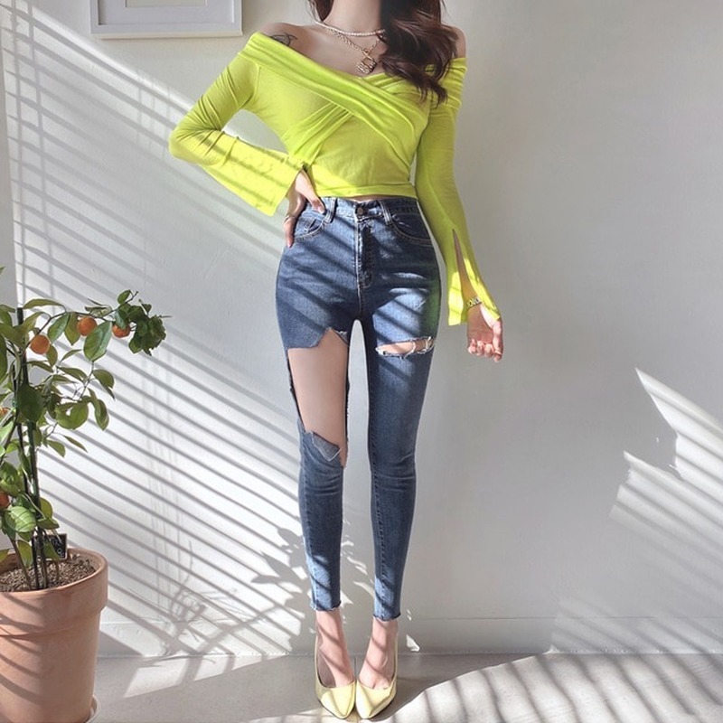 Spring Summer Ripped Holes Elastic Denim Women Jeggings Tassel High Waist Pants Capris Female Skinny Pencil Jeans 10405 210417