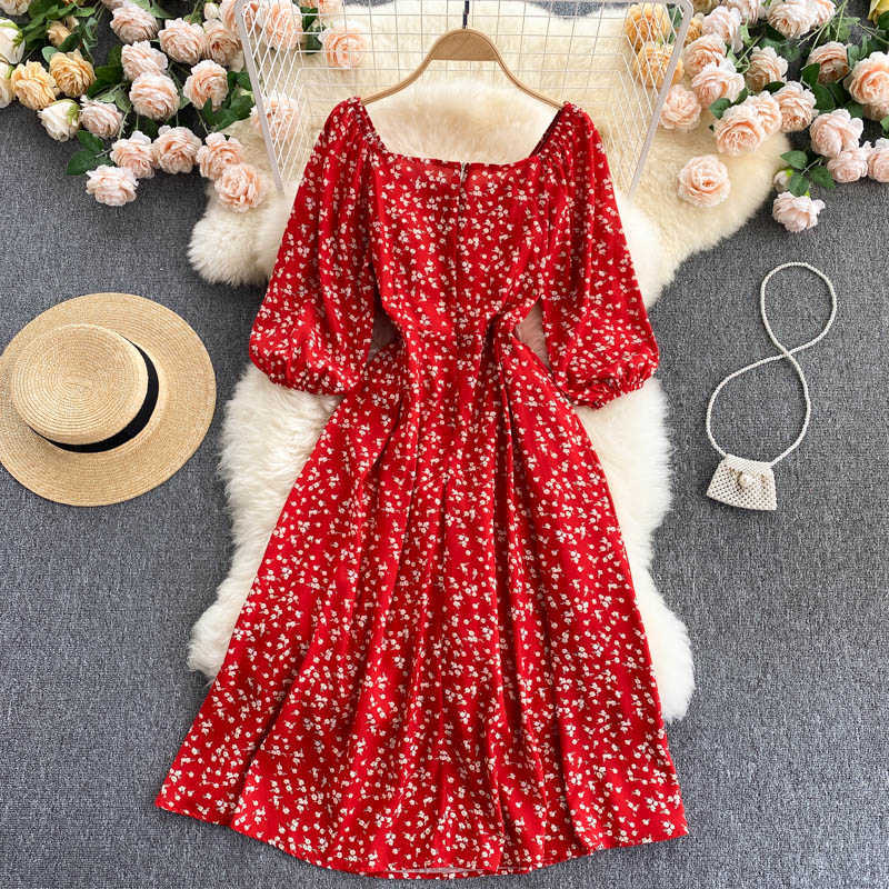 DEAT Women Printing Dress Square Collar Three Quarter Sleeve Arrivals Lady Temperament Fashion Spring Summer 11D562 210709