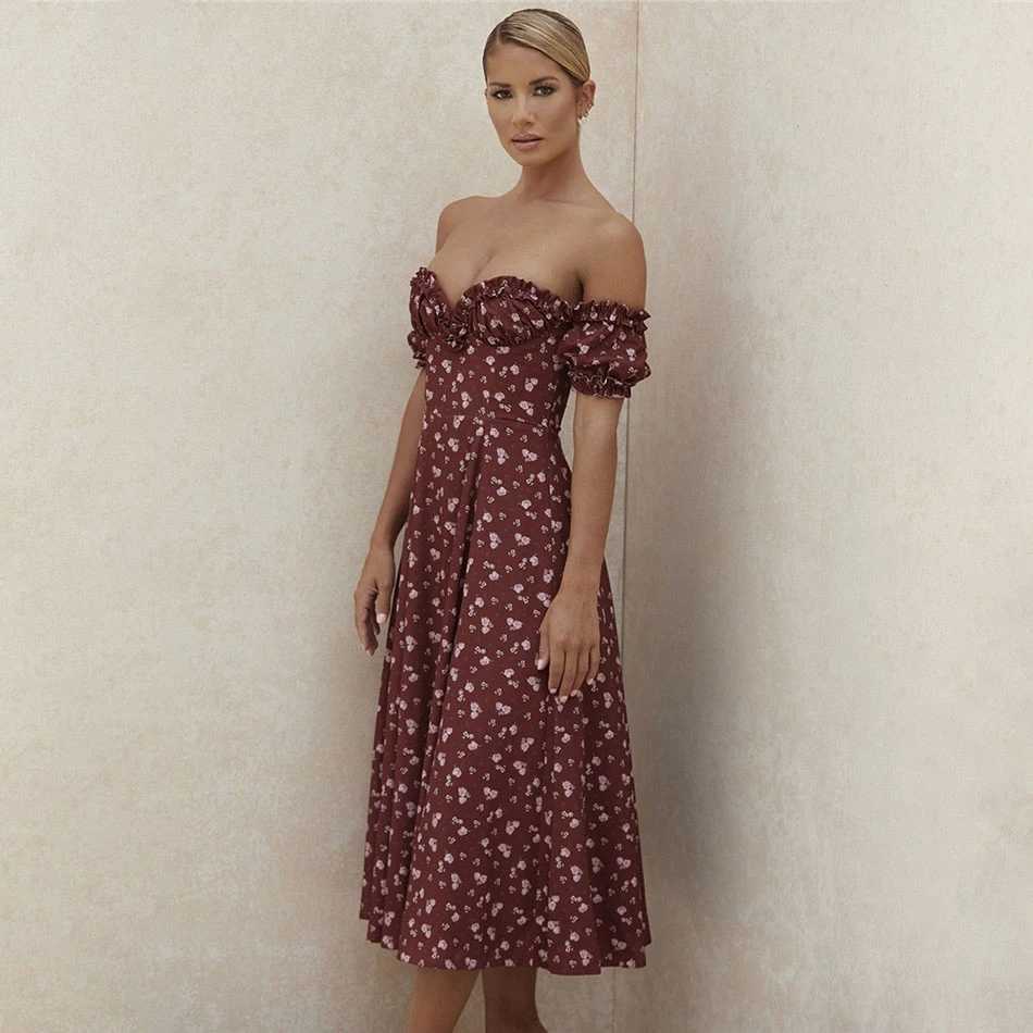 Fall Women'S Fashion Print Dress Vestidos Sexy Strapless Short Sleeve Runway Celebrity Club Party Long 210527