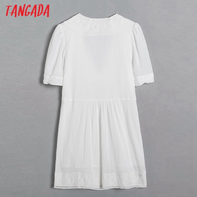Summer Women White Embroidery Romantic V Neck Short Sleeve Ladies Mini Dress Vestidos 6H6 210416