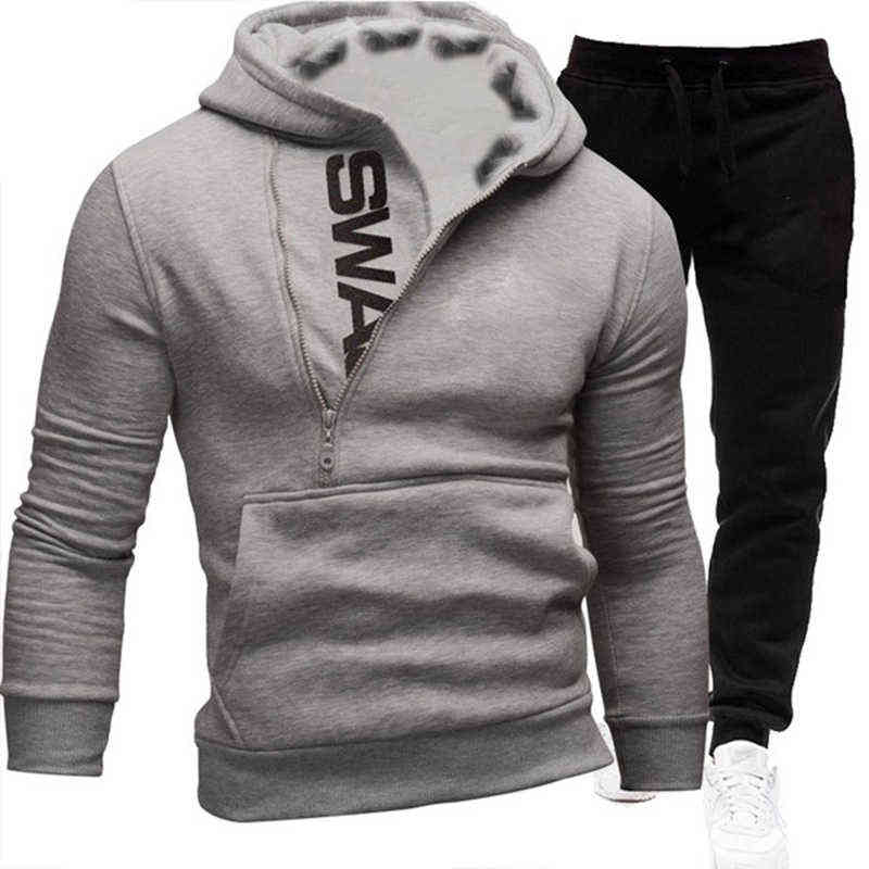 Men Tracksuit Casual 2 Pieces Sets Zipper Sweatshirt Hooded+Sweatpants Print Sportswear Mens Clothes Solid Jogger Sport Suit 4XL 211109