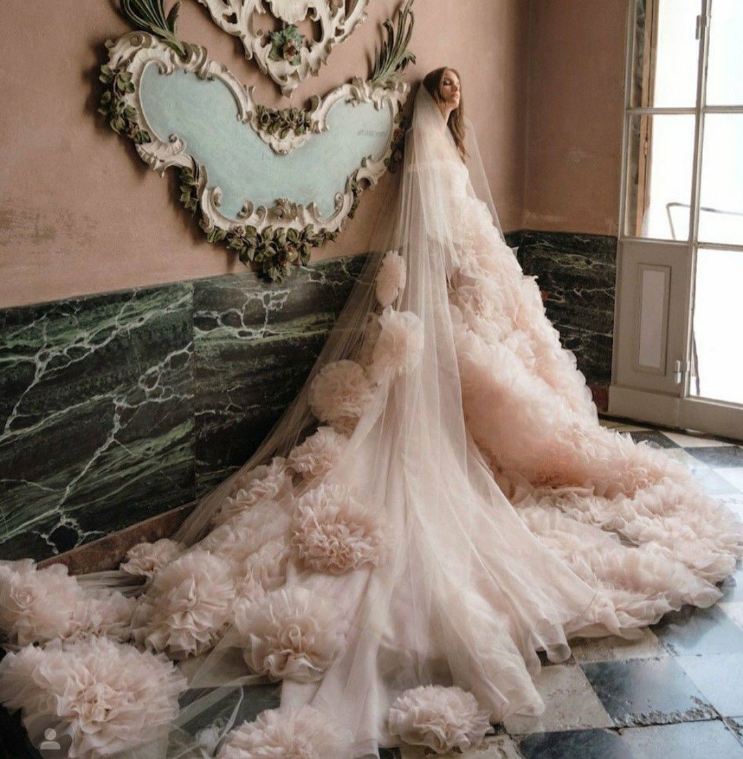 Beautiful Big Stain Flower Wedding Veils Appliques Lace Bridal for Girls Cathedral Luxury Long Chapel Length Beaded