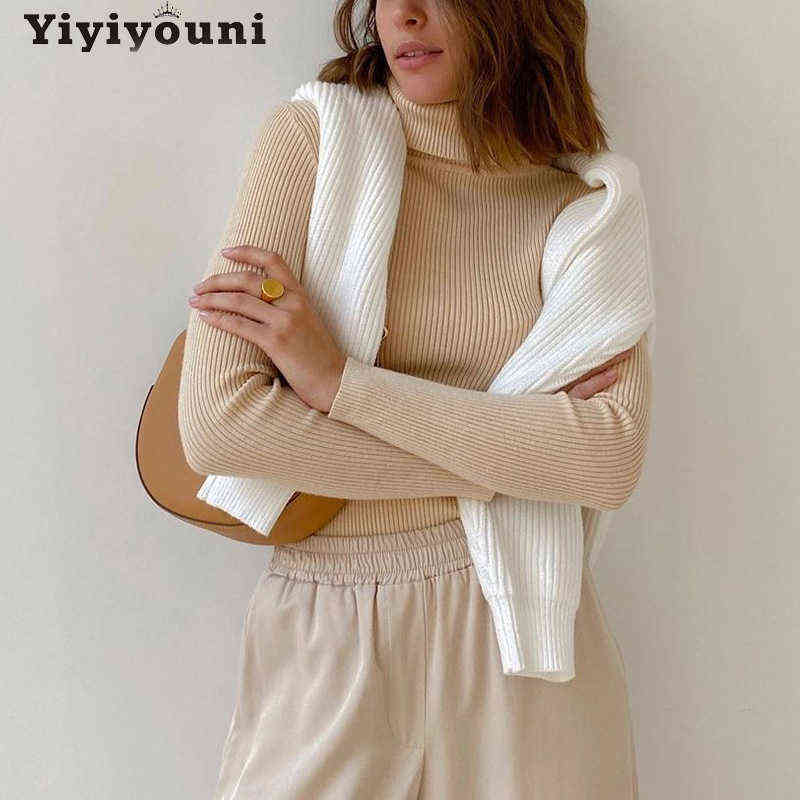 Yiyiyouni Casual Slim fit Knitted Turtleneck Sweater Women Autumn Winter Ribbed Basic Pullovers Women Soft Long Sleeve Jumper 211109