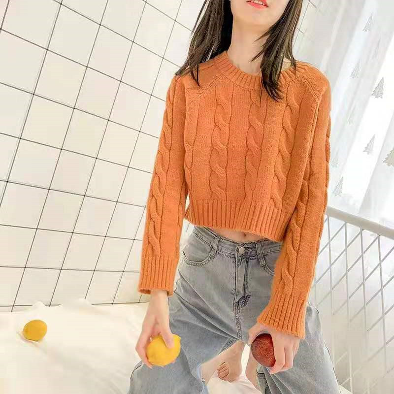 Korean Women Short Sweater Woman Round Neck Solid Color Long-sleeved Knitted Top Bottoming Autumn Winter Tops 210514