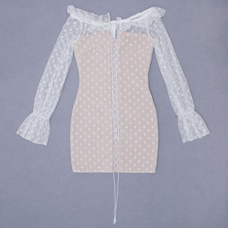 Hight Quality Elegant Women Off Shoulder Full Sleeves Mini Bodycon Bandage Dress Sexy Night Party White Dot Woman Casual Dresses