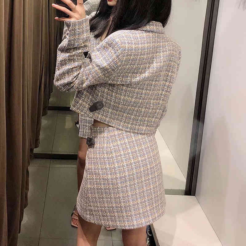 Women Fashion Hidden Button Tweed Cropped Blazer Coat Vintage Long Sleeve Female Outerwear Chic Veste Femme 210521