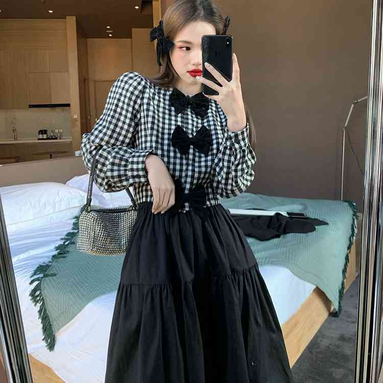 Vintage Puff Sleeve Blouse Women Elegant Bow Patchwork Plaid Shirt Korean Chic Office Lady Blusas Mujer De Moda 210519