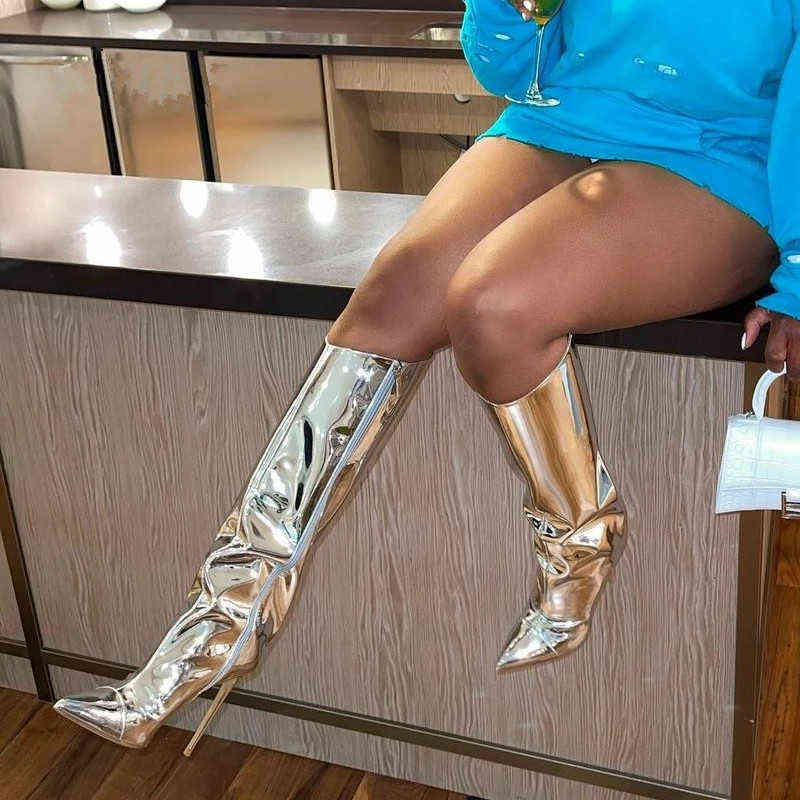 Metallic Leather Women Knee High Boots Stilettos Heels Pointed Toe Fashion Female Party Shoes Nightclub Reflective Mujer 211105