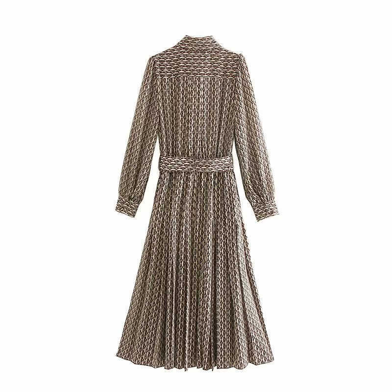 Aachoae Women Elegant Long Dress with Belt Chain Print Bow Tie Neck Office Lady Shirt Dress Long Sleeve Pleated Dress Vestidos 210630