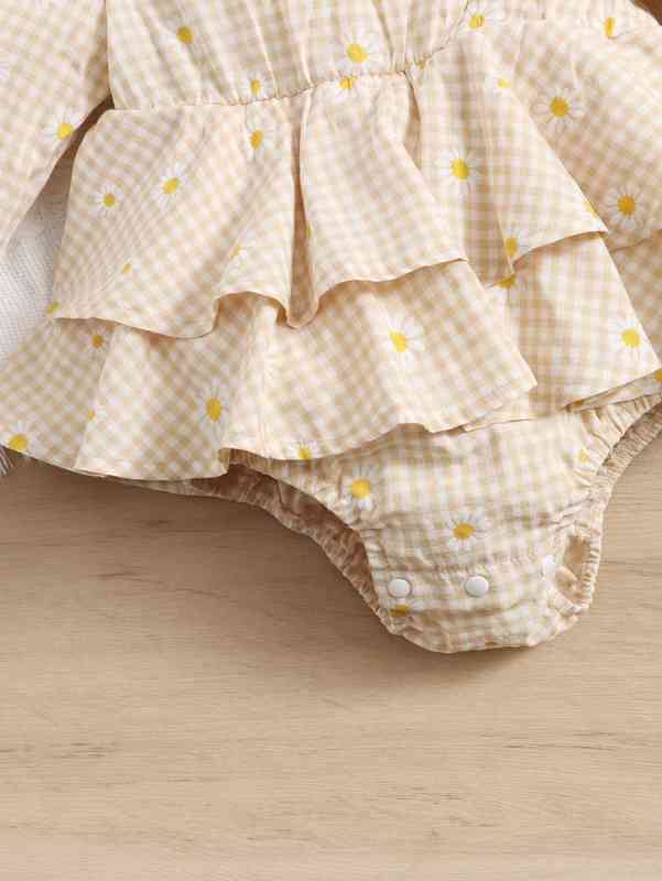 Baby Daisy Floral And Gingham Ruffle Trim Combo Bodysuit Dress SHE
